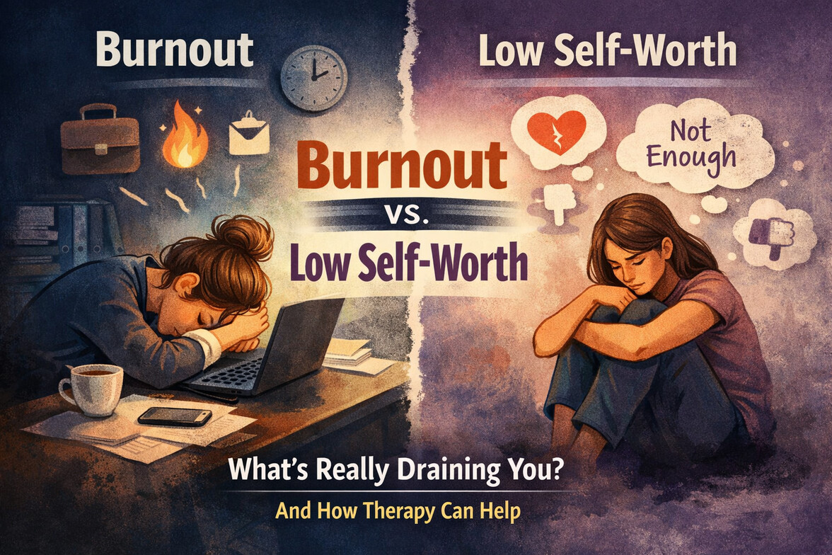 Illustration comparing burnout and low self-worth, showing an exhausted person at a desk on one side and a reflective person sitting alone with self-critical thoughts on the other.