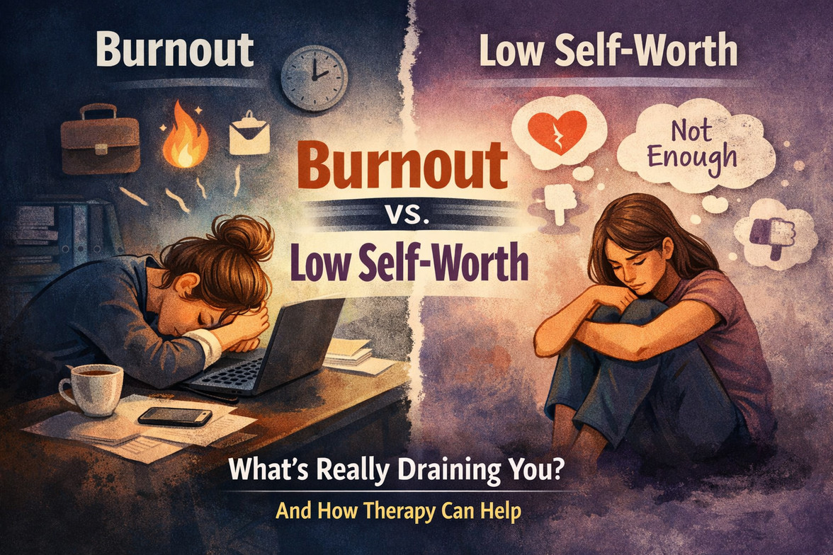 Illustration comparing burnout and low self-worth, showing an exhausted person at a desk on one side and a reflective person sitting alone with self-critical thoughts on the other.