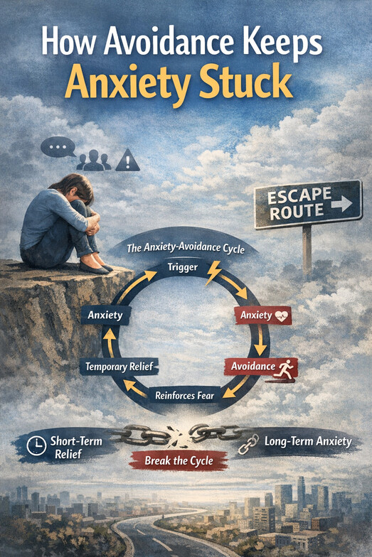 Illustration of the anxiety avoidance cycle showing trigger, anxiety, avoidance, temporary relief, and reinforced fear, with the headline “How Avoidance Keeps Anxiety Stuck.”